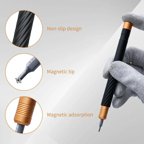 12 In 1 Magnetic Screwdriver Set With Micro Bits showing non-slip design and magnetic tip, ideal for precise electronics repair.