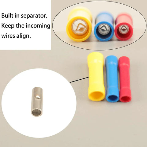 Close-up of colorful terminals in the 300Pcs 18 Types Crimp Connector Kit With Ring Spade Fork And Butt Terminals 6.3mm Quick Disconnect Terminals Male And Female Spade Connectors For Easy DIY Solder Free Wiring showing built-in separator.