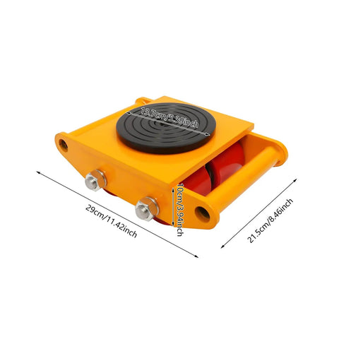 Rock Solid Workhorse 4 Piece Furniture Dolly Set, 3300 Lbs Capacity Industrial Machinery Skate with rubber cap, dimensions shown.