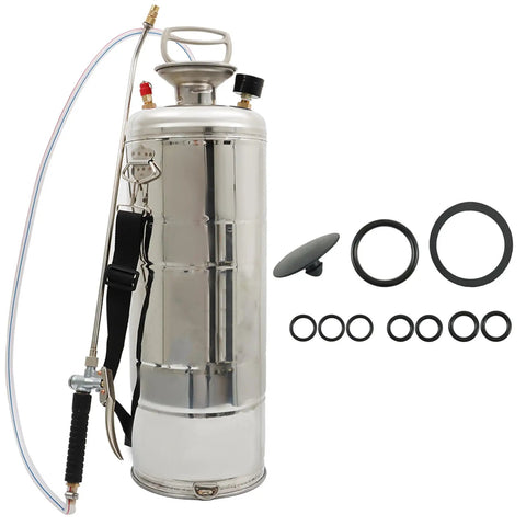 3 Gallon Stainless Steel Hand Pump Sprayer With Pressure Gauge, Adjustable Brass Nozzle and included accessories on white background