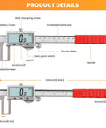 Product details of Digital Brake Caliper For Disc Rotor Measurement With Large LCD Screen 6 Inch Stainless Steel Vernier Caliper Tread Depth Gauge And Storage Case One Touch Unit Conversion For F mm In, showing measurements and features.