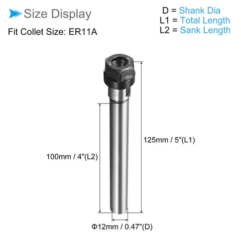 ER11A Router Collet Chuck Extension Rod, 12mm Shank, 100mm Length, diagram showing size and dimensions