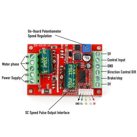 350W 6 To 60 Volts Three Phase PWM DC Brushless Motor Speed Controller With Hall Sensor, labeled components and connections.