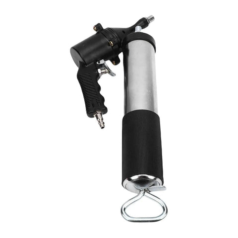 Pneumatic Grease Gun Kit With 18 Inch Flexible Hose And 5.5 Inch Extension Tube, durable steel body, heavy-duty grip visible.
