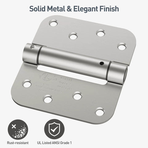 Self Closing 4 Inch Door Hinges With Spring Loaded Adjustable Tension For Front And Back Garage Doors Brushed Nickel UL Listed