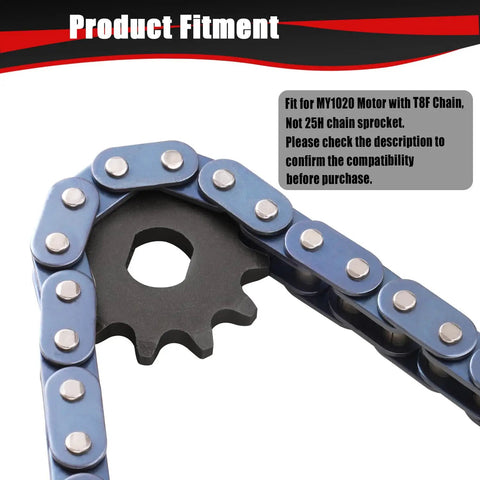 Close-up of a T8F Chain 11T Sprocket with Master Link Replacement for Kids Electric Scooters, showing fitment details.
