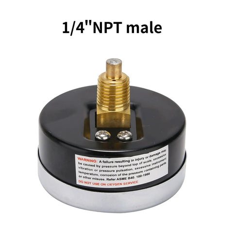 1/4 inch NPT male connection on Tridicator Thermo Manometer Pressure Gauge for gas and noncorrosive liquids, black iron case.