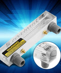 Glass Panel Liquid Flow Meter For Water 0.2-2 GPM And 1-7 LPM with clear dial, side view showing glass and metal construction.