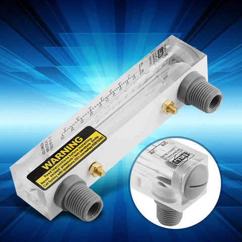 Glass Panel Liquid Flow Meter For Water 0.2-2 GPM And 1-7 LPM with clear dial, side view showing glass and metal construction.