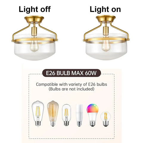 Mid Century Gold Ceiling Light With Clear Dome Glass Shade 13.4 Inch Wide Semi Flush Mount Fixture light on and off modes shown