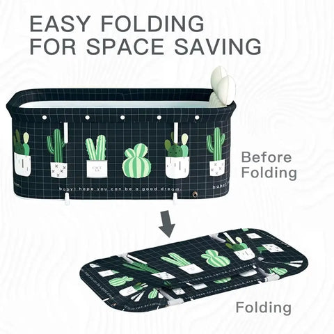 Foldable Portable Bathtub for Home Spa Use Easy Setup in Minutes No Pump Needed Large Capacity Soaking Tub for Shower Stall Keeps Water Temperature Great for Hot or Ice Baths 47.2 by 19.7 by 21.7 Inches Cactus showing before and after folding for space saving.