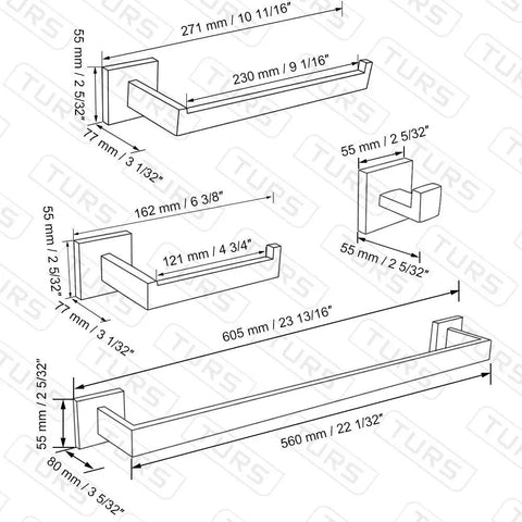 Technical drawing of Brushed Stainless Steel 4 Piece Bathroom Hardware Set Wall Mounted With Towel Bar Towel Holder Robe Hook And Toilet Paper Holder Rust Resistant SUS304 Finish