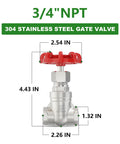 304 Stainless Steel Gate Valve 3/4 Inch NPT Female With Wheel Handle, dimensions labeled, showing full bore rotary gate valve