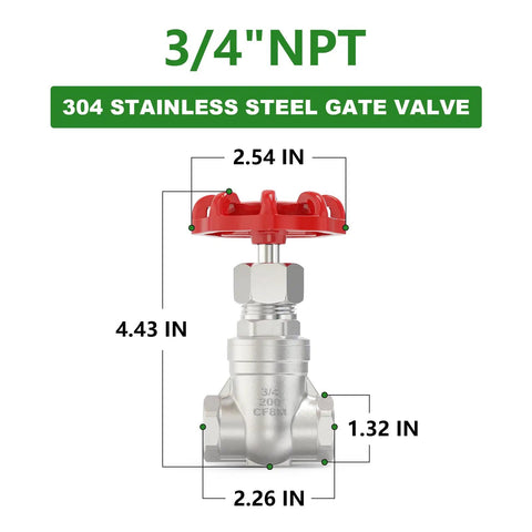 304 Stainless Steel Gate Valve 3/4 Inch NPT Female With Wheel Handle, dimensions labeled, showing full bore rotary gate valve