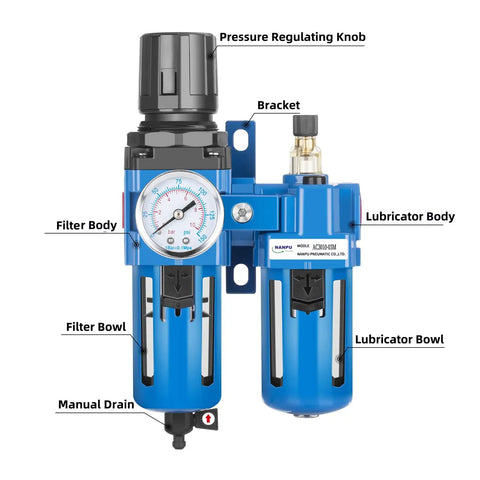 Three Eighths NPT Compressed Air Filter Regulator Lubricator Combo with water and oil trap separator and gauge in blue poly bowl with manual drain
