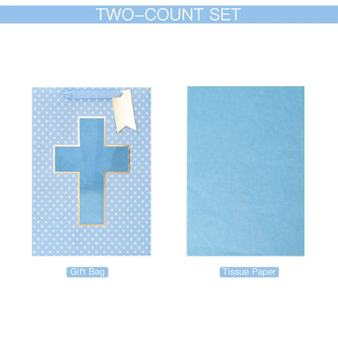 Blue Cross Window Gift Bag With Ribbon Handles, Totally Perfect For Baby Boy Baptisms, Christenings, And First Communions, Comes With Tissue Paper, 10 By 5 By 13 Inches, 1 Bag, showing blue polka dots and cross design.