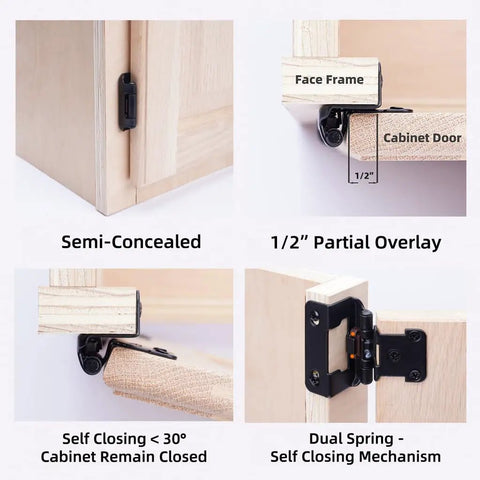 Half Inch Overlay Black Cabinet Hinges for Face Frame Cabinets Self Closing Semi Concealed with Screws and Quiet Bumpers No Fuss Five Pairs featuring semi-concealed design, dual spring.