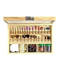 Hella Versatile 100 Piece Rotary Tool Accessory Set Featuring 1/8 Inch Shank Abrasive Burrs Precision Cutting Wheels Brush Polishing Tips And Storage Case For Makers in wooden case.