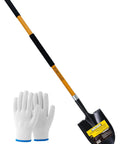 Heavy Duty 57 Inch Digging Shovel With Fiberglass Handle And Round Steel Head Closed Back Design Prevents Debris Buildup And Rust Non Slip Cushion Grip For Lawn And Yard Work Orange Workhorse Shovel displayed beside white gloves.
