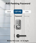 Close-up of keypad door lock with anti-peeking password feature and temporary guest codes for keyless entry and auto locking.