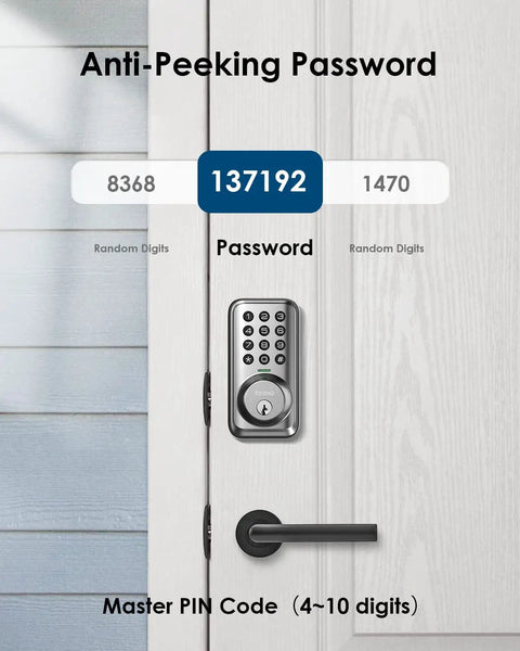 Close-up of keypad door lock with anti-peeking password feature and temporary guest codes for keyless entry and auto locking.