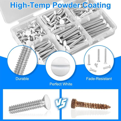 White Wall Plate Screws Kit 150 Pcs With 6 Sizes 6 32 Thread Long Outlet Screws shown with durable powder coating