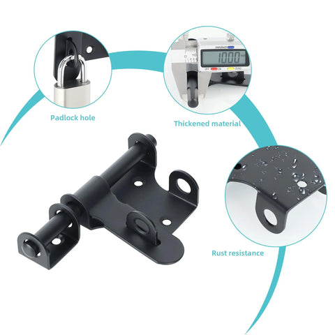 Black Heavy Duty Slide Bolt Latch Tough As Nails Security Gate Lock For Outdoor Fences Garden Sheds Barn Rust Proof Door Hardware Stainless Steel 4 Inches Wide with padlock hole and thickened material.