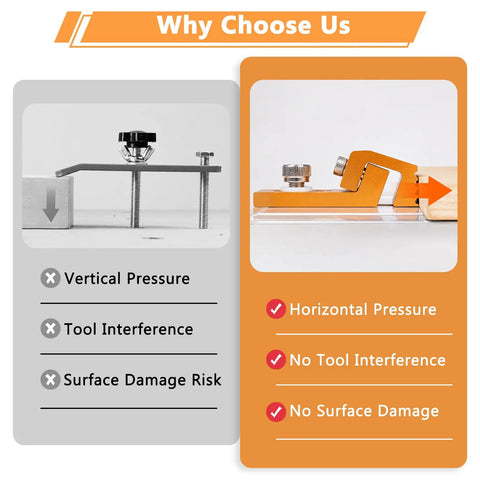 Comparison image showing benefits of Heavy Duty Aluminum Hold Down Clamps For CNC Routers and Woodworking with detailed features.