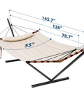 12 Foot Two Person Hammock With Stand Included For Outdoor Patio Garden Beach And Poolside Beige 450 Pound Capacity With Hardwood Spreader Bar And Durable Nylon Rope For Easy Setup And Relaxation, showing dimensions and steel stand.