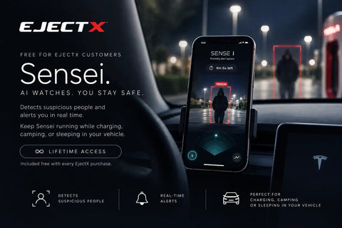 Tesla Supercharger Release Tool For Rapid Ev Cable Breakaway Keeps You Seated And Lets You Bail Out Fast Without Stepping Out Cybertruck Compatible Charging Aid in use with app on phone.
