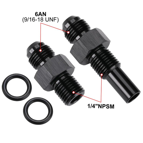 Black 6AN Male Flare To One Quarter NPSM Transmission Cooler Adapter Fittings for GM 4L80E with O-rings