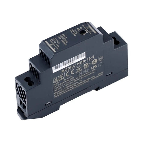 Rock Solid 15W 5V Din Rail Power Supply Crafted For Home Automation Builds And Cramped Control Cabinets Featuring Whisper Quiet Fanless Cooling And Ul Listed Durability, shown from an angled view.