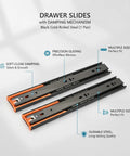 Soft Close Drawer Slides With Buffer Mechanism, Pro Grade Cold Rolled Steel Ball Bearing Glides For Kitchen Cabinets And Furniture, 1.77 Inch Wide Replacement Pair, black pair with damping mechanism.
