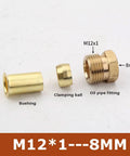 Brass Oil Pipe Fitting 3-Piece Quick Connect Set with Double Tapered Ferrule Bushing for 8mm tubes, showing bushing and fitting components.