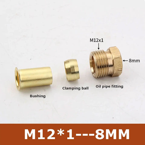 Brass Oil Pipe Fitting 3-Piece Quick Connect Set with Double Tapered Ferrule Bushing for 8mm tubes, showing bushing and fitting components.