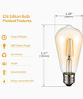 Vintage LED Edison Bulbs ST58 4W 60W Equivalent, dimmable amber glass with E26 base, product features and dimensions.
