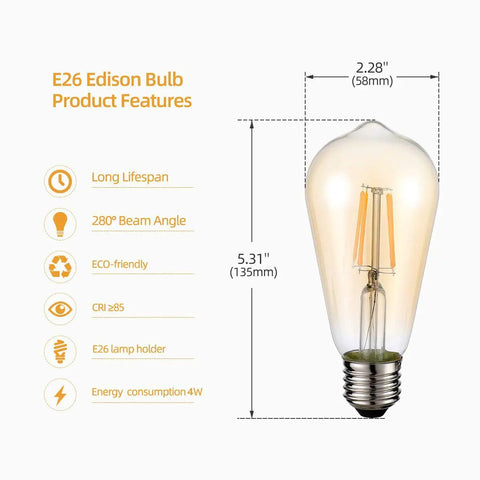 Vintage LED Edison Bulbs ST58 4W 60W Equivalent, dimmable amber glass with E26 base, product features and dimensions.