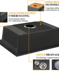 Back view of Black Stainless Steel Kitchen Sink 20 By 16 Inch Single Bowl Drop In With Gift Set, showcasing undercoating and drainage hole.
