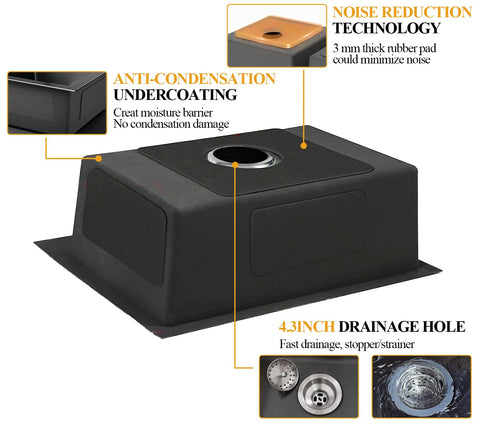 Back view of Black Stainless Steel Kitchen Sink 20 By 16 Inch Single Bowl Drop In With Gift Set, showcasing undercoating and drainage hole.