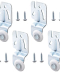 Sliding Door Hardware Wardrobe Roller Kit For Top Hung Bypass Doors Galvanized Steel Construction For Durability Fits Doors From 3/4 Inch To 1-3/8 Inch Thick Smooth Rolling Action Easy Installation And Long Lasting Performance, showing four metal rollers with screws.