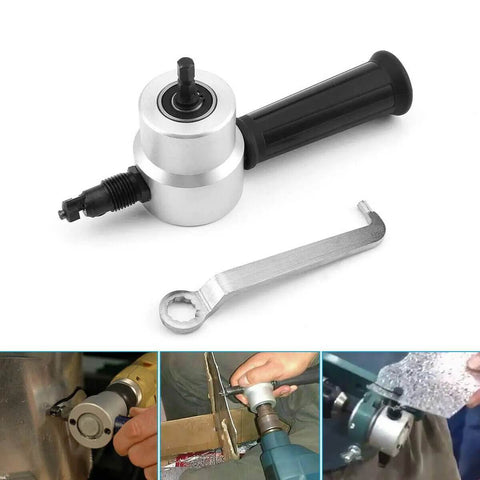 Double Head Sheet Metal Nibbler Cutter Drill Attachment for straight and curved cuts with ergonomic handle and adjustable 360 degrees.