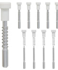 Ten Pack Window Screen Plunger Latch Pins With White Caps Solid Aluminum Five Thirty Two By One Point Five Inch replacement bolts, showing assorted angles.
