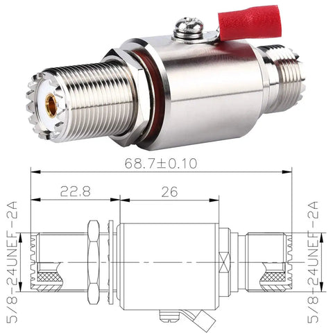 UHF Lightning Arrestor And Surge Protector For PL259 To SO239 Bulkhead Connectors, UHF Female To UHF Female with dimensions.