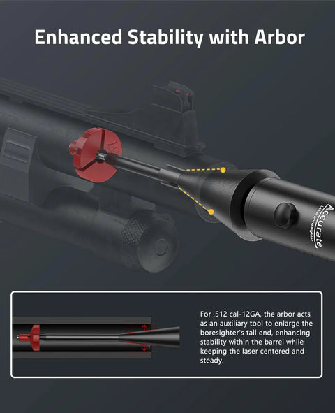 Rechargeable Bore Sight Laser Kit With 64 Adapters For Calibers From 0.17 To 12GA showing enhanced stability with arbor