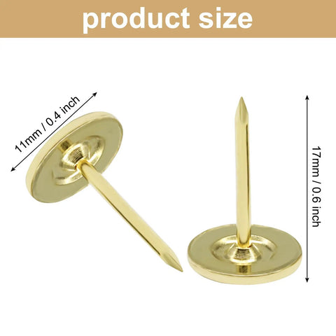 Real Deal Gold Flat Head Thumb Tacks One Hundred Pack Killer Quality Solid Metal Drawing Pins, 11mm wide and 17mm long.