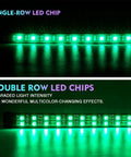 Comparison showing single-row and double-row LED chip brightness for Double Row RGB LED Underglow Light Kit With Bluetooth App Control And Wireless Remote 4 Pack Underbody Neon Lights For Cars SUVs Trucks Vans High Brightness 5050 SMD 3 In 1 RGB Chips Universal Fit.