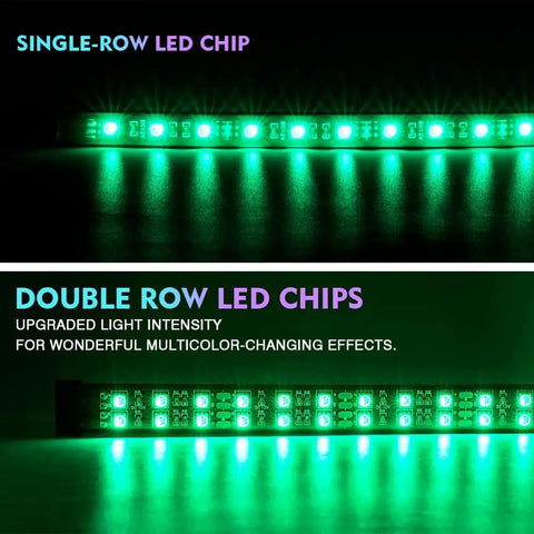 Comparison showing single-row and double-row LED chip brightness for Double Row RGB LED Underglow Light Kit With Bluetooth App Control And Wireless Remote 4 Pack Underbody Neon Lights For Cars SUVs Trucks Vans High Brightness 5050 SMD 3 In 1 RGB Chips Universal Fit.