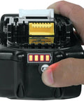 Two Pack 18V LXT Lithium Ion 5.0Ah Batteries With LED Charge Indicator Delivers Up To 65 Percent More Run Time And A Fast Under 45 Minute Charge For Pro Level Power On The Job Black Finish, close-up showing LED charge display in use