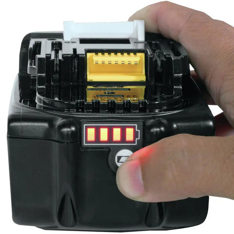 Two Pack 18V LXT Lithium Ion 5.0Ah Batteries With LED Charge Indicator Delivers Up To 65 Percent More Run Time And A Fast Under 45 Minute Charge For Pro Level Power On The Job Black Finish, close-up showing LED charge display in use