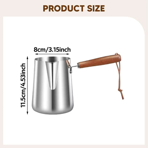 Turkish Coffee Pot Stainless Steel Multipurpose Milk Frothing Pitcher And Coffee Kettle For Office Kitchen Home Bar 600ml Durable Spout With Wooden Handle Ideal For Latte Art with product dimensions.
